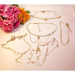 6 Pc Gold Tone Star Pearl Crystal Layered Necklace Lot Celestial Y2K
